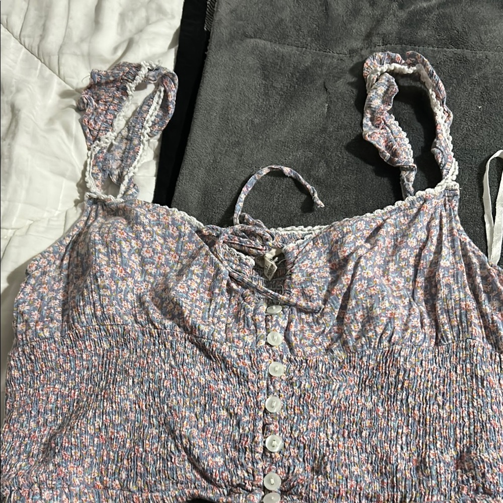 Gray and White Smocked Sleeveless Blouse